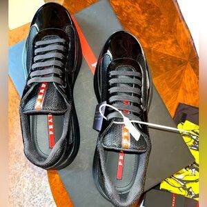 Size 42 or M9 or W10.5, Black Prada America’s Cup Sneakers